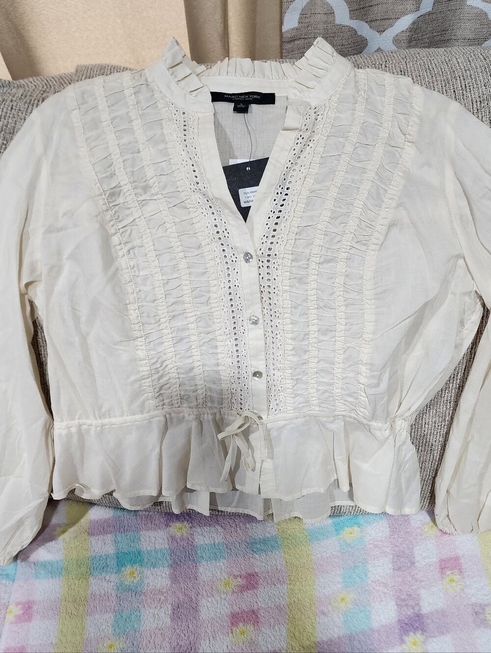 Marc New York Women's Cream Ruffle Peplum Button-Front Top M New 100% Cotton - Picture 2 of 5